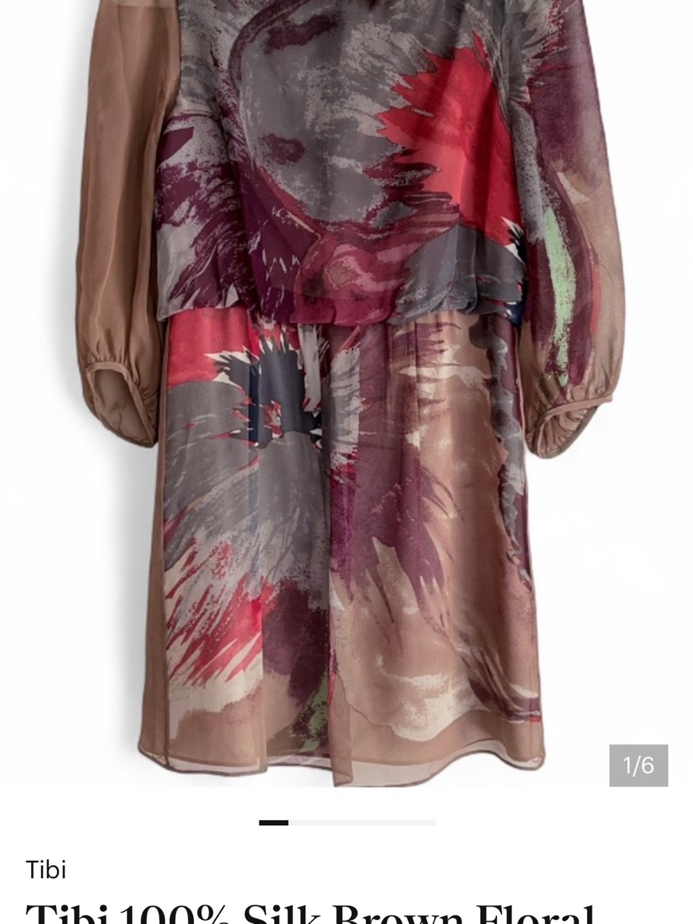 Tibi Brown and Burgundy Silk Midi Dress with Abstract Print